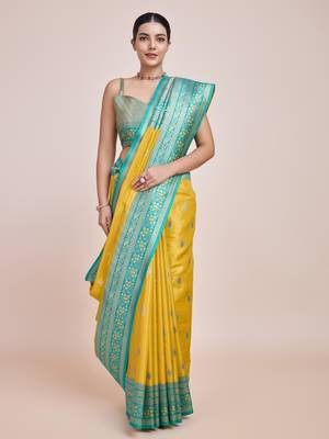 Faux Banarasi Tissue silk blend Zari Woven Yellow Saree 3