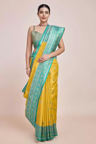 Faux Banarasi Tissue silk blend Zari Woven Yellow Saree