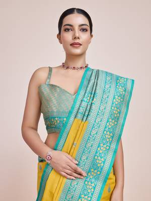 Faux Banarasi Tissue silk blend Zari Woven Yellow Saree 4
