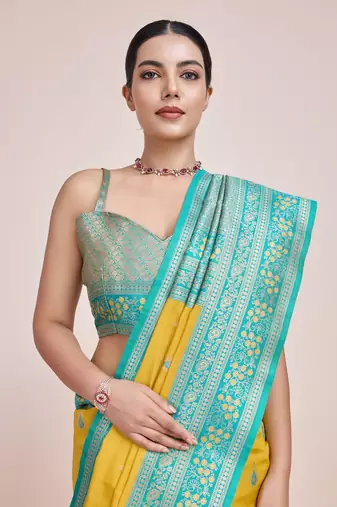 Faux Banarasi Tissue silk blend Zari Woven Yellow Saree