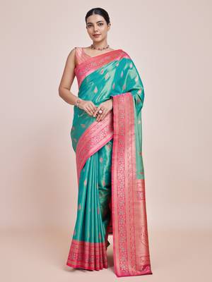 Faux Banarasi Tissue silk blend Zari Woven Turquoise Saree 1
