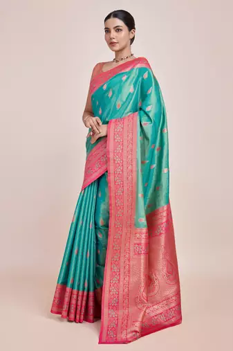Faux Banarasi Tissue silk blend Zari Woven Turquoise Saree