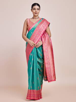 Faux Banarasi Tissue silk blend Zari Woven Turquoise Saree 3