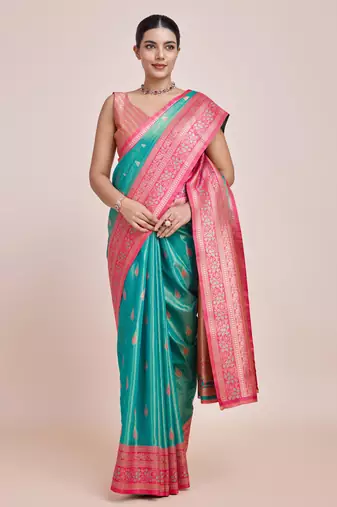 Faux Banarasi Tissue silk blend Zari Woven Turquoise Saree
