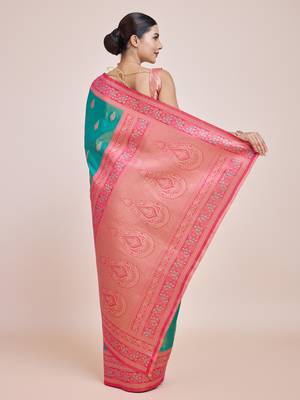 Faux Banarasi Tissue silk blend Zari Woven Turquoise Saree 4