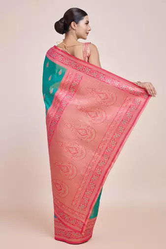 Faux Banarasi Tissue silk blend Zari Woven Turquoise Saree