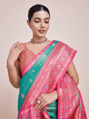 Faux Banarasi Tissue silk blend Zari Woven Turquoise Saree 5