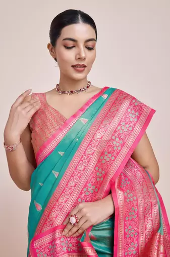 Faux Banarasi Tissue silk blend Zari Woven Turquoise Saree
