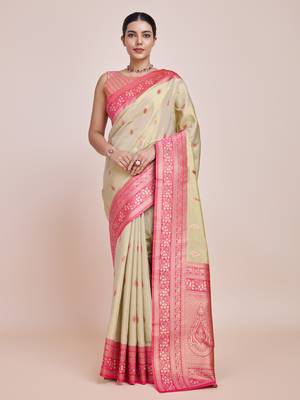 Faux Banarasi Tissue silk blend Zari Woven Cream Saree 1