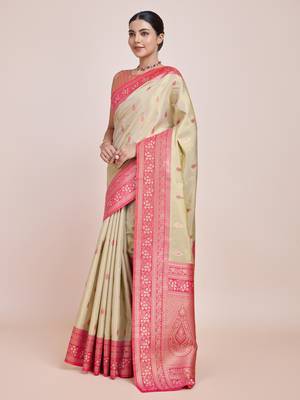 Faux Banarasi Tissue silk blend Zari Woven Cream Saree 2