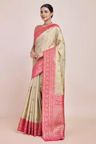 Faux Banarasi Tissue silk blend Zari Woven Cream Saree