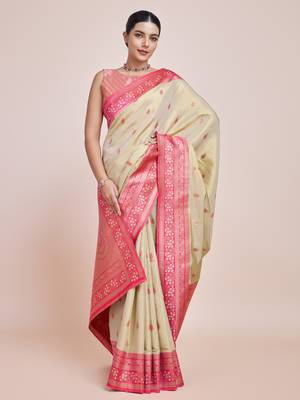 Faux Banarasi Tissue silk blend Zari Woven Cream Saree 3