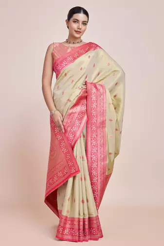 Faux Banarasi Tissue silk blend Zari Woven Cream Saree