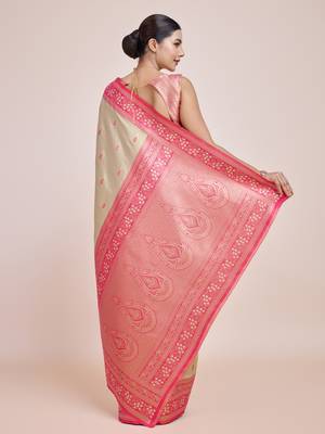 Faux Banarasi Tissue silk blend Zari Woven Cream Saree 4
