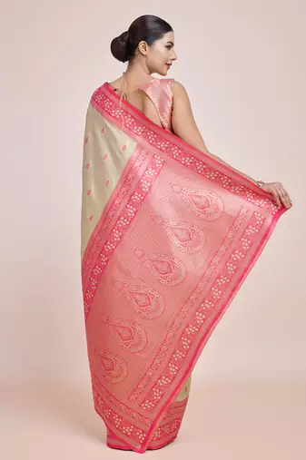 Faux Banarasi Tissue silk blend Zari Woven Cream Saree
