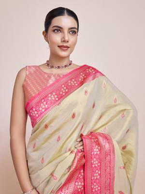 Faux Banarasi Tissue silk blend Zari Woven Cream Saree 5