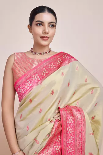 Faux Banarasi Tissue silk blend Zari Woven Cream Saree