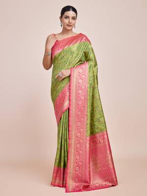 Parrot Green Faux Banarasi Tissue silk blend Saree With Zari Woven Work 1
