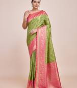 Parrot Green Faux Banarasi Tissue Silk Saree With Zari Woven Work