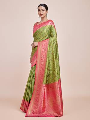 Parrot Green Faux Banarasi Tissue silk blend Saree With Zari Woven Work 2