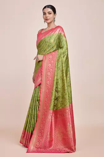 Parrot Green Faux Banarasi Tissue silk blend Saree With Zari Woven Work