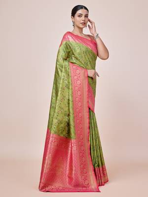 Parrot Green Faux Banarasi Tissue silk blend Saree With Zari Woven Work 3