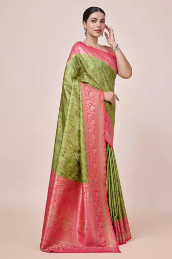 Parrot Green Faux Banarasi Tissue silk blend Saree With Zari Woven Work