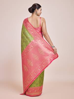 Parrot Green Faux Banarasi Tissue silk blend Saree With Zari Woven Work 4