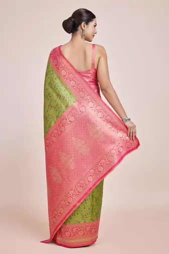 Parrot Green Faux Banarasi Tissue silk blend Saree With Zari Woven Work