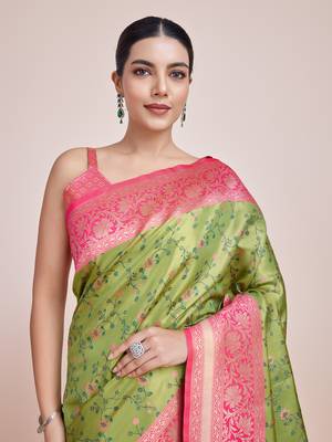 Parrot Green Faux Banarasi Tissue silk blend Saree With Zari Woven Work 5