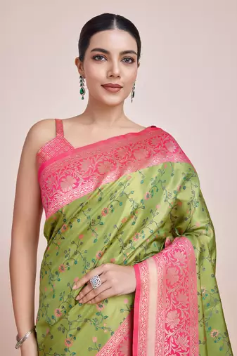 Parrot Green Faux Banarasi Tissue silk blend Saree With Zari Woven Work