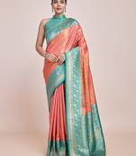 Peach Faux Banarasi Tissue Silk Saree With Zari Woven Work