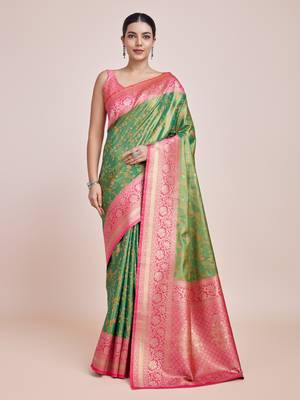 Green Faux Banarasi Tissue silk blend Saree With Zari Woven Work 1
