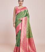 Green Faux Banarasi Tissue Silk Saree With Zari Woven Work