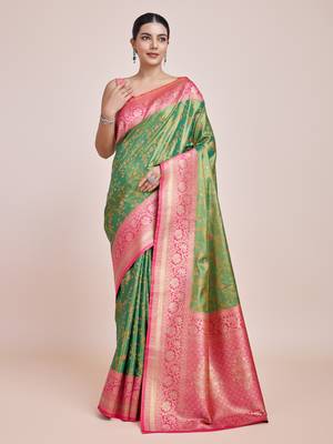 Green Faux Banarasi Tissue silk blend Saree With Zari Woven Work 2