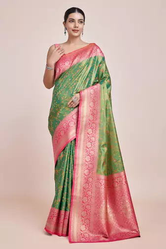 Green Faux Banarasi Tissue silk blend Saree With Zari Woven Work