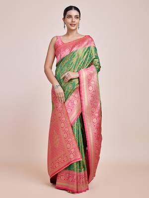 Green Faux Banarasi Tissue silk blend Saree With Zari Woven Work 3