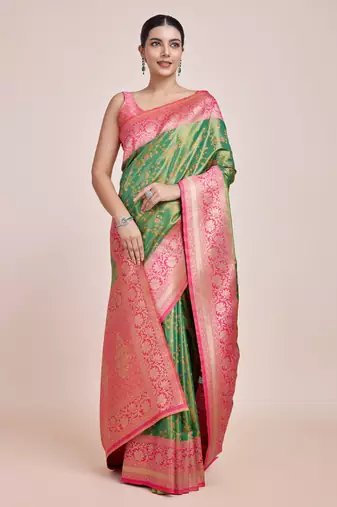 Green Faux Banarasi Tissue silk blend Saree With Zari Woven Work