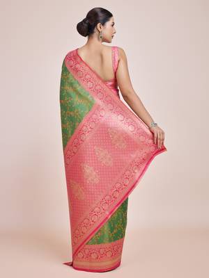 Green Faux Banarasi Tissue silk blend Saree With Zari Woven Work 4