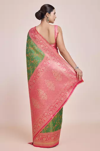 Green Faux Banarasi Tissue silk blend Saree With Zari Woven Work