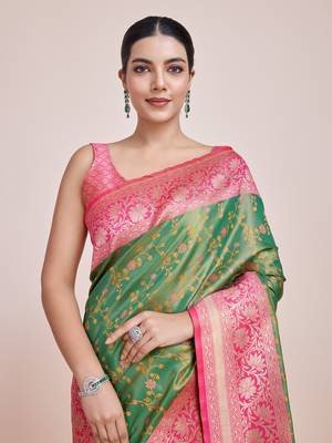Green Faux Banarasi Tissue silk blend Saree With Zari Woven Work 5