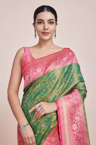 Green Faux Banarasi Tissue silk blend Saree With Zari Woven Work
