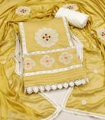 Yellow color embroidered roman silk unstitched dress material