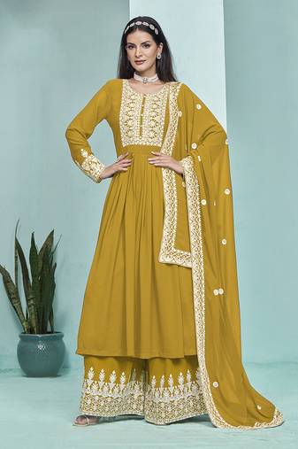 Mustard ceremonial faux georgette embroidered salwar kameez