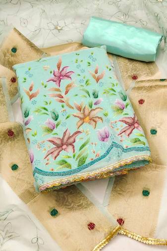 Sea green color embroidered organja unstitched dress material