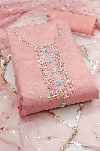Baby pink color weaving organja jacquard unstitched dress material