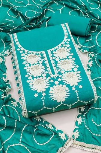 Teal color embroidered modal chanderi silk unstitched dress material