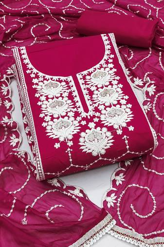Magenta color embroidered modal chanderi silk unstitched dress material