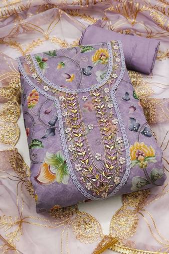 Lavender color embroidered viscos organja unstitched dress material