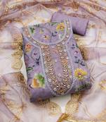 Lavender color embroidered viscos organza unstitched dress material